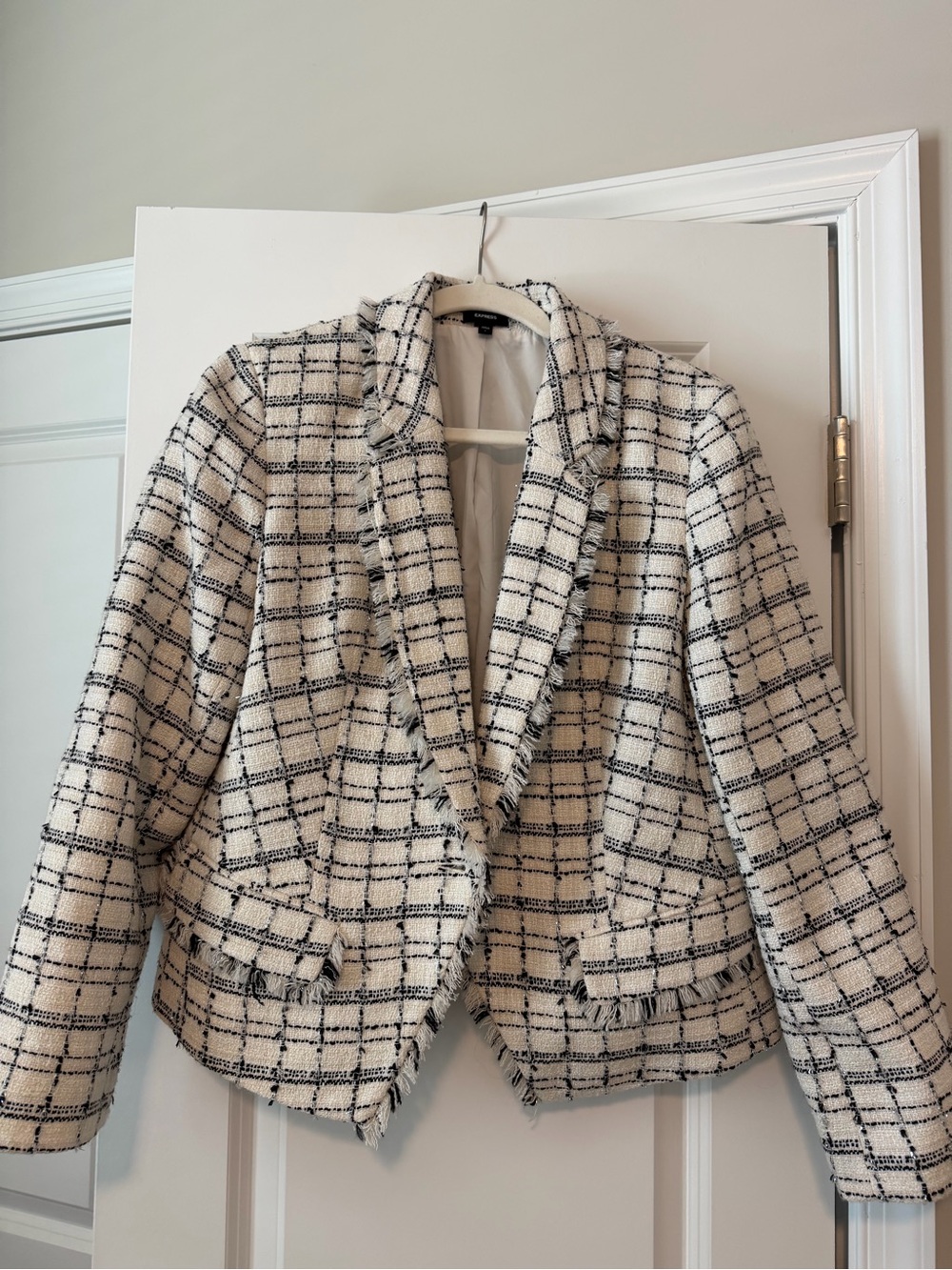 Express Cream & Black Tweed Fringe-Trim Blazer